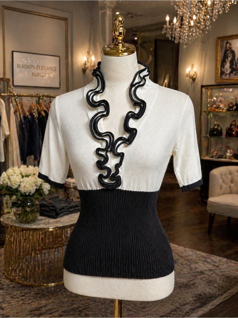 Belldini White and Black Ruffle Trim Top
